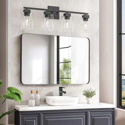 4 Light Bathroom Vanity Light - Matte Black Bathroom Light Fixtures Square Design & UL Certification, Square Light Fixture Over Mirror, Farmhouse Light Fixtures for Bathroom & Bedroom