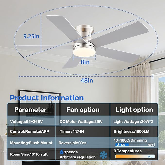 Ayaoty Flush Mount Low Profile Ceiling Fans with Lights - Modern Ceiling Fan with LED Dimming, Timer, 6Wind Speeds, Indoor Fan Light Fixture for Bedroom, Kitchen, Nickel