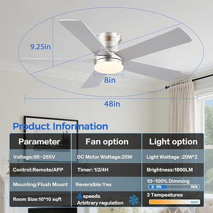 Ayaoty Flush Mount Low Profile Ceiling Fans with Lights - Modern Ceiling Fan with LED Dimming, Timer, 6Wind Speeds, Indoor Fan Light Fixture for Bedroom, Kitchen, Nickel