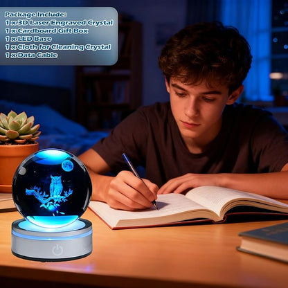 Owl Gifts, 3D 3.15 Inch (80mm) Crystal Ball Owl Lamp with Battery Powered, RGB Color Light for Birthday Xmas Cool Upgraded Owl Figurines Gifts for Room Decor Boys Girls