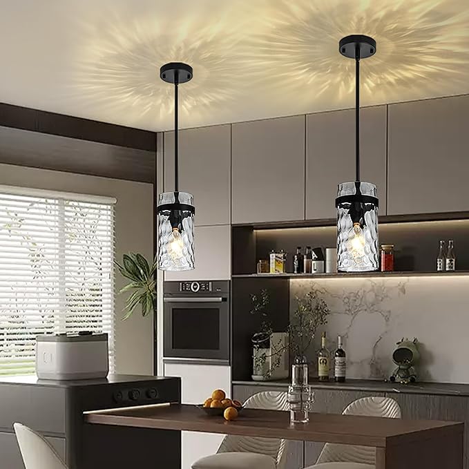 3 Pack Black Pendant Lights Kitchen Island, Hammered Glass Pendant Lighting Over Island, Kitchen Hanging Light Fixtures Pendant Light Over Sink for Kitchen Entryway Foyer Dining Room