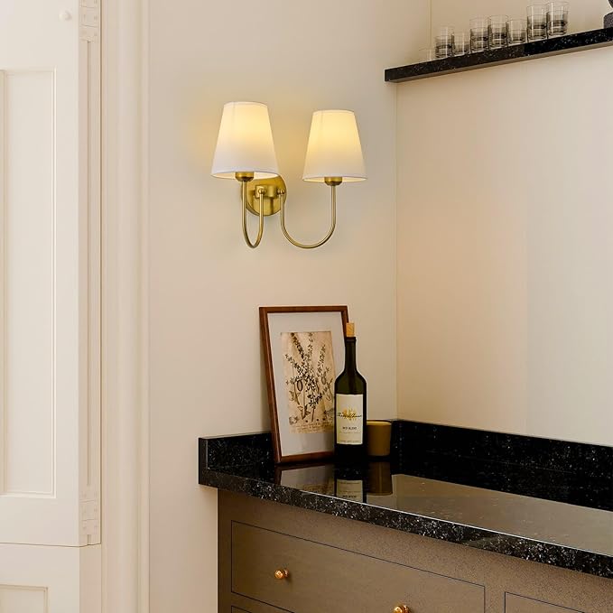 Hardwired White Fabric 2 Light Wall Sconce Double Headed Cloth Shade Fixture for Bedroom, Bathroom & Hallway (Direct Wire)