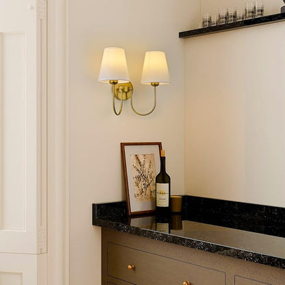 Hardwired White Fabric 2 Light Wall Sconce Double Headed Cloth Shade Fixture for Bedroom, Bathroom & Hallway (Direct Wire)