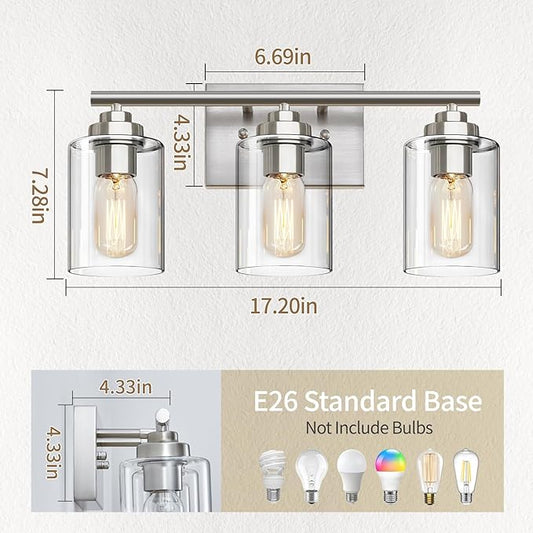 SKEJAO Bathroom Vanity Light Over Mirror,Bathroom Light Fixture Wall Sconce Lighting for Bedroom,Living Room (Nickel, 3-Light)