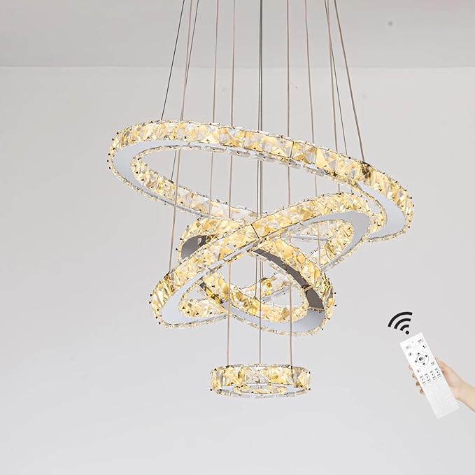 Modern Crystal Chandelier, Dimmable 4 Rings LED Linear Chandelier Dining Room Light Fixture with Remote for Entryway, Bedroom,Living Room and Foyer