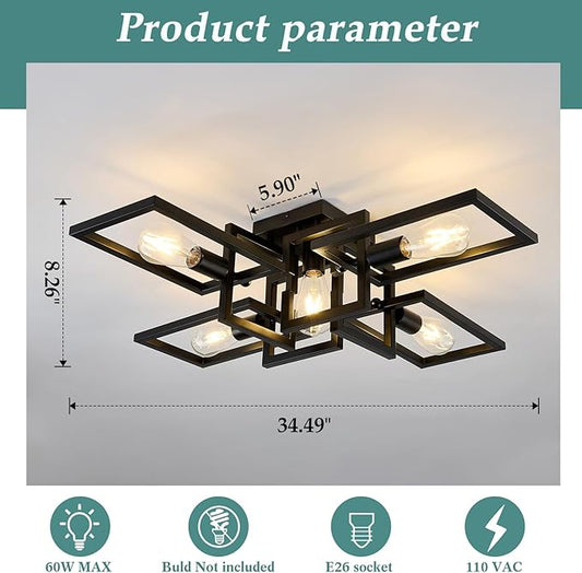 ZGLAOJT Black Industrial Semi Flush Mount Ceiling Light 5-Light Kitchen Light Fixtures Modern Large Matte Sputnik Chandelier for Dining Room Bedroom Farmhouse Living Room