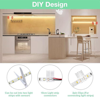 WOBANE Dual Motion Sensor Under Bed Lights,Rechargeable 16.4ft LED Light Strip,Battery Powered Tape Light for Shelves,Cabinet,Anywhere,PIR Detector,Cuttable,Flexible,2700K Warm White