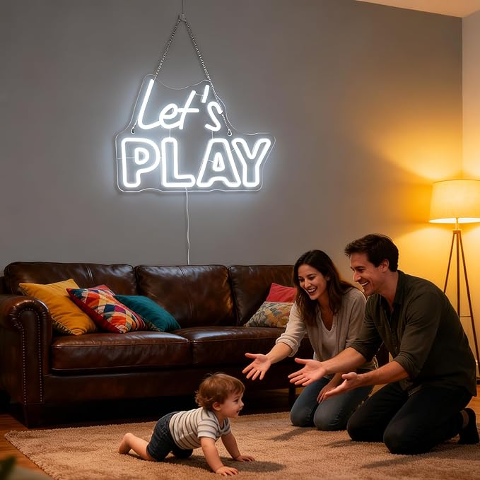 "Let's Play" Playful Neon Light - Fun & Engaging LED Wall Art for Game Room, Playroom, Kids Bedroom or Family Room Decor, Dimmable USB, Inviting Gift for Gamers, Kids & Families