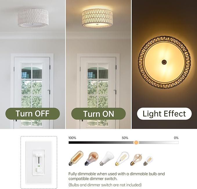 Boho Rattan Ceiling Light Fixtures 2-Light White Flush Mount Ceiling Light, 12.6" Coastal Light Fixture Close to Ceiling Light for Bedroom Nursery Foyer Hallway Entryway Kids Room