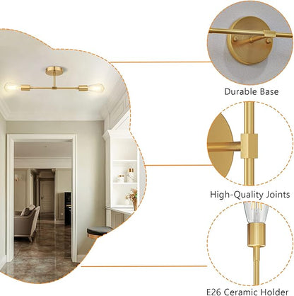 FadimiKoo 2-Light Gold Sconces Wall Light Fixtures, Bathroom Vanity Light Fixtures Over Mirror, Modern Brushed Brass Indoor Semi Flush Mount Lighting for Hallway Bedroom Kitchen (1 Pack)