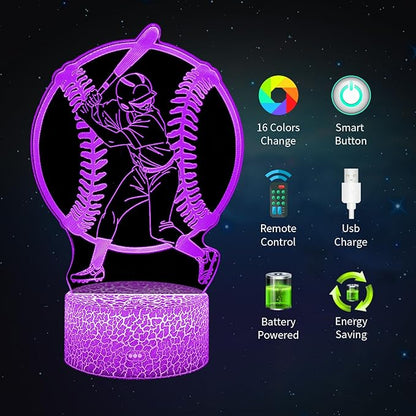 BASSI Baseball Gift 3D Night Light for Kids - 16 Colors & Flashing Modes with Remote Control Opreated Dimmable - Baseball Player Decor - Christmas Birthday Gifts for Boys Girls Sport Fans