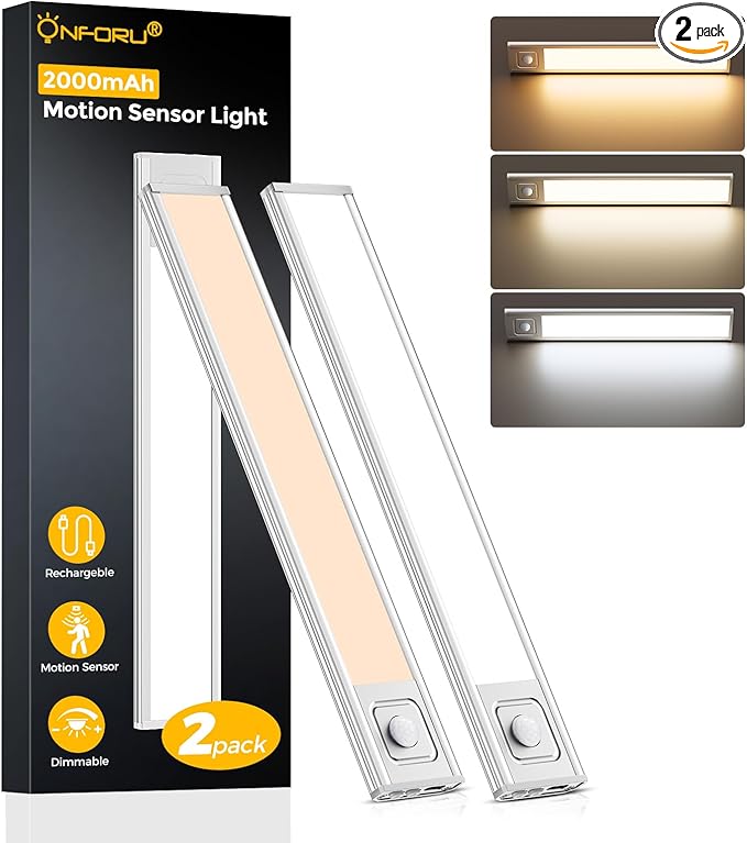 Onforu 9.8" Under Cabinet Lighting, 2000mAh USB-C Rechargeable, Motion Sensor Under Cabinet Lights with 3 Color & Dimmable, Magnetic Under Counter Lights for Kitchen, Closet, 2 Pack