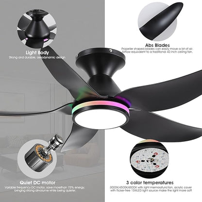 Kviflon Ceiling Fans with Lights Remote/APP Control, 38" Low Profile Ceiling Fans with Dimmable White Colors+ RGB Ring Lights, 6 Speeds 5 Reversible Blades for Kids Room Bedroom Living Room, Black