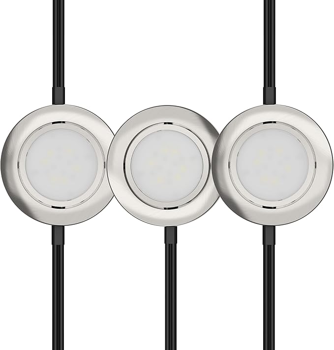 Getinlight LED Puck Lights 3-Pack, 2.75" Metal Housing, Wall-Dimmer Compatible, 2700K Warm White, Brushed Nickel Finish, Plug-in or Hardwired, ETL Listed, IN-0107-3-SN