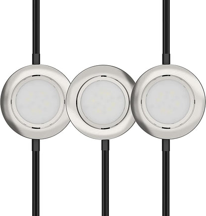 Getinlight LED Puck Lights 3-Pack, 2.75" Metal Housing, Wall-Dimmer Compatible, 2700K Warm White, Brushed Nickel Finish, Plug-in or Hardwired, ETL Listed, IN-0107-3-SN
