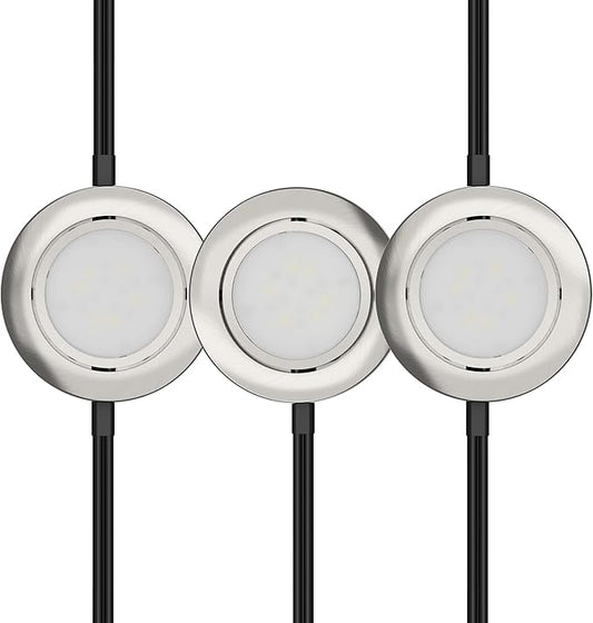 Getinlight LED Puck Lights 3-Pack, 2.75" Metal Housing, Wall-Dimmer Compatible, 2700K Warm White, Brushed Nickel Finish, Plug-in or Hardwired, ETL Listed, IN-0107-3-SN