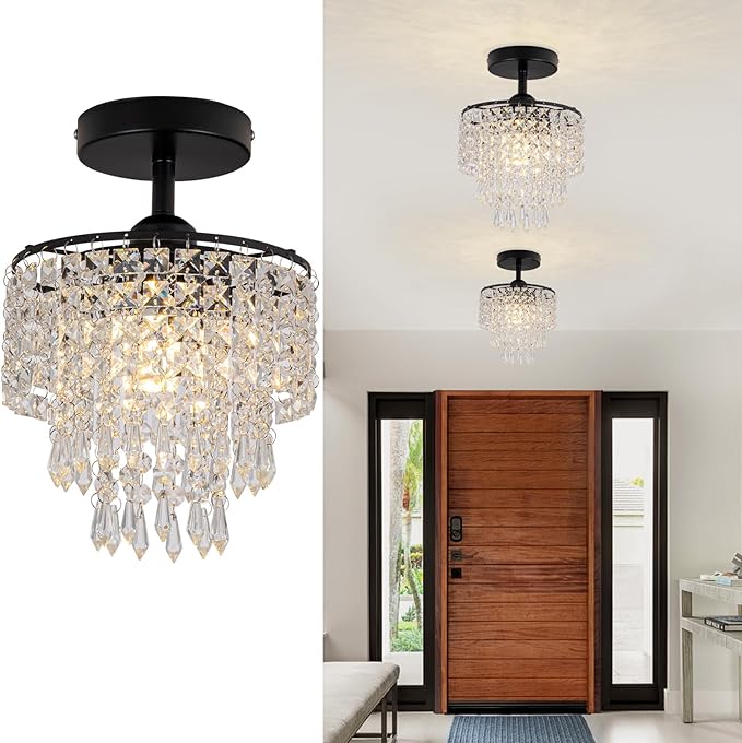 8" Black Chandelier 3-Tier Crystal Raindrop Flush Mount Ceiling Light Fixture Mini Chandelier Light for Bedroom Kitchen Hallway Bathroom Closet (Black)