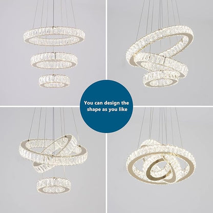 FRIXCHUR 3 Ring LED Chandelier Modern Crystal Chandeliers LED Pendant Lights Gold Ring Chandelier for Bedroom Dining Room High Ceiling Foyer (3000K Warm Light)