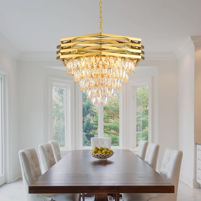 Gold Modern Crystal Chandelier 24" Round Chandeliers for Dining Room K9 5 Tiers Ceiling Pendant Light Fixtures Large Flush Mount Chandelier for Living Room Entryway Foyer Staircase