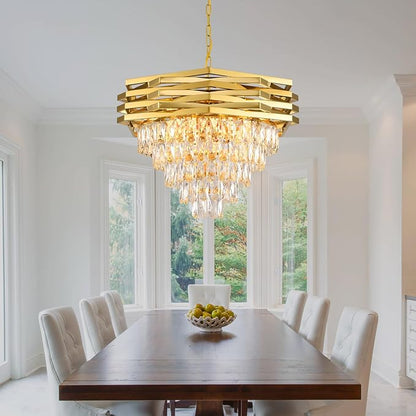 Gold Modern Crystal Chandelier 24" Round Chandeliers for Dining Room K9 5 Tiers Ceiling Pendant Light Fixtures Large Flush Mount Chandelier for Living Room Entryway Foyer Staircase