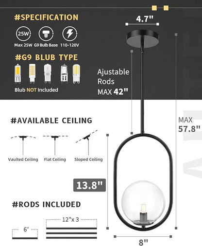 AUTELO 1-Light Matte Black Pendant Lights Kitchen Island, Kitchen Pendant Lighting Over Island with Clear Globe Glass, Black Hanging Lamp with Adjustable Rod for Kitchen Island H9376 CLBK