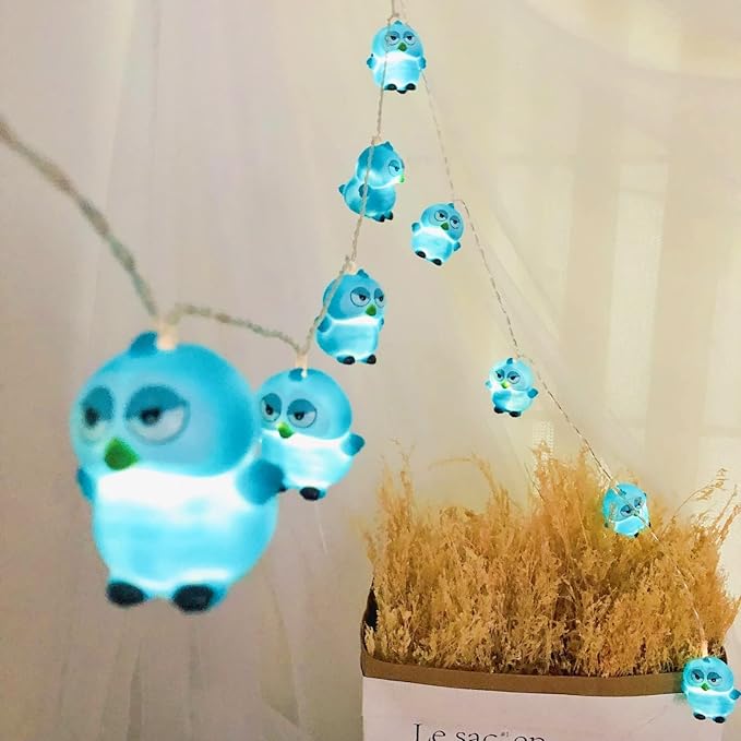 5.4 FT Owl String Lights,10 LED Christmas Owl Fairy Light Battery Operated for Home Party Camping Blue Owl Decoration (Blue Owl)