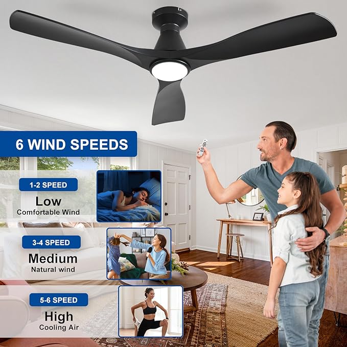 DLLT 42-Inch Ceiling Fans with Lights: Flush Mount Ceiling Fan 3 Blades for Indoor Outdoor - Black Ceiling Fan with Remote APP Control Noiseless for Low Profile Bedroom