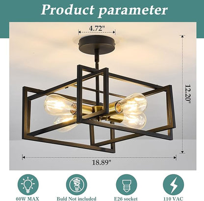 ZGLAOJT 4-Lights Close to Ceiling Light Black and Gold Light Fixture Industrial Flush Mount Ceiling Light Farmhouse Chandelier Lighting for Kitchen Island Dining Room Bedroom Foyer Hallway.