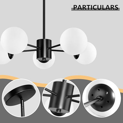 Bagood 5-Light Globe Sputnik Chandelier Mid Century Sputnik Chandeliers Modern Black Globe Pendant Light Matte Black Finished with White Frosted Glass Lampshade for Dining Room Bedroom Kitchen