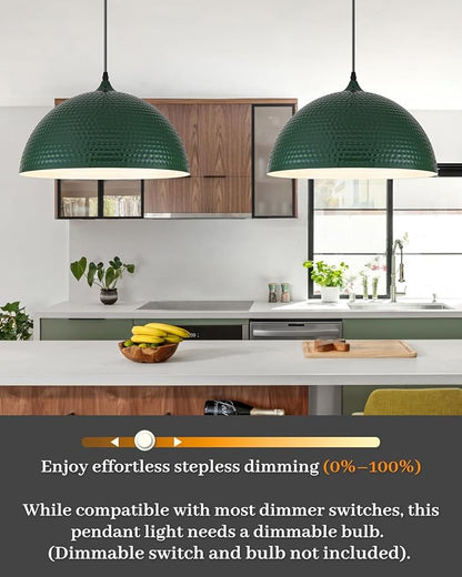 16 inch Green Pendant Light 2 Pack, Hammered Large Industrial Pendant Lights Kitchen Island, Green Dome Pendant Light for Kitchen Island, Dining Room, Bar