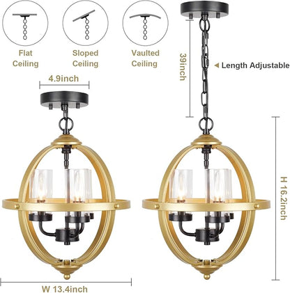 Treekee Rustic Chandelier, 14" Gold Glass Cover Luxurious Hanging Light, 3-Light Globe Vintage Pendant Ceiling Light Fixtures for Living Room Entryway Dining Room