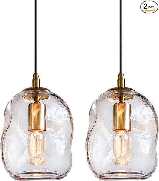 CASAMOTION Pendant Lights Kitchen Island 2 Pack Modern Contemporary Clear Glass Organic Globe Brass Gold Hanging Light Adjustable Cord Bedroom Dining Table Small Medium Lamp 8 Inch Height