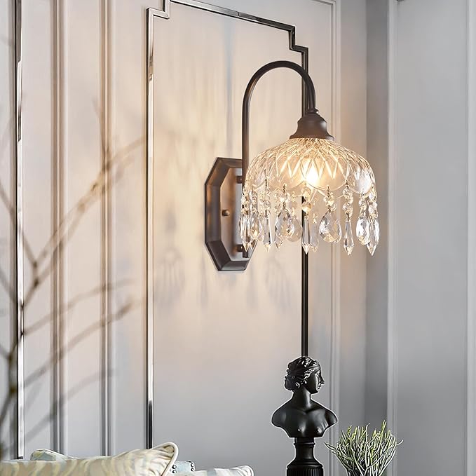 1-Pack Vintage Wall Sconce,Glass Crystal Wall Sconce,Matte Brushed Antique Black Finish for Bedroom Bathroom Hallway Living Room Decor