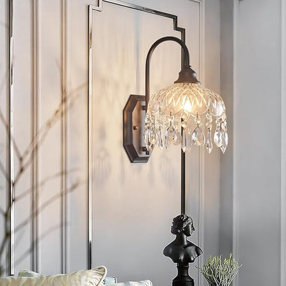 1-Pack Vintage Wall Sconce,Glass Crystal Wall Sconce,Matte Brushed Antique Black Finish for Bedroom Bathroom Hallway Living Room Decor