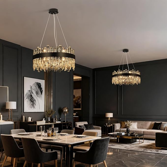 Crystal Chandeliers for Dining Room Lights Fixtures, 12 Lights Luxury Black Modern Chandeliers for Bedroom, 2-Tier Round Crystal Lighting Fixtures for Living Room Entryway Kitchen Island D20 Inch