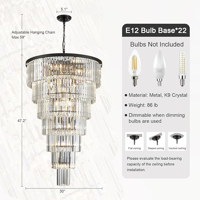 Large Long Black Crystal Chandelier, 47-inch Height, 7-Tier Modern Round Light Fixtures for Entryway, Foyer