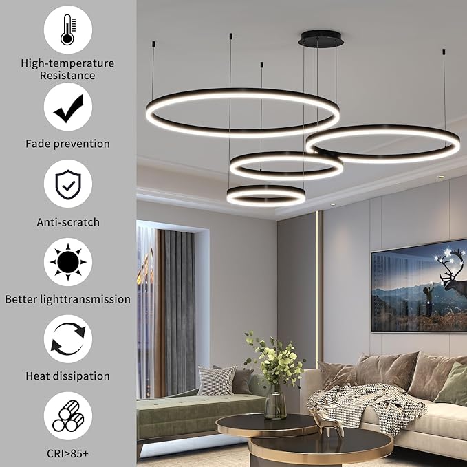 Mikeru Modern 4 Ring Chandelier Light, LED Pendant Light Fixtures with Remote Control 3000k-6500K Adjustable Color Temperature Light for Living Room, Kitchen (11.8+15.7+23.6IN+31.5in)