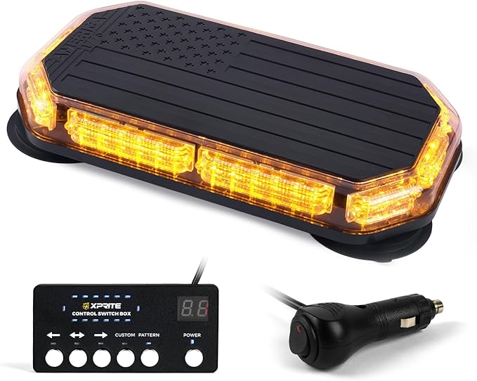 Xprite Amber Rooftop Emergency Strobe Light Bar, US Flag Beacon Safety Flashing Warnin Lights w/Control Panel Magnetic Base for Construction Trucks Plows Postal Security Cars
