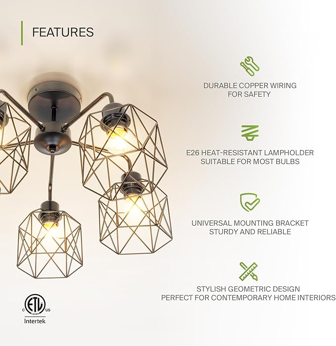 ASD Black Chandelier Semi Flush Mount Ceiling Light Fixture- 5xE26 120V ETL Modern Light Fixtures Ceiling Mount, Semi Flush Mount Chandelier for Entryway, Bedroom, Foyer Lighting Fixtures