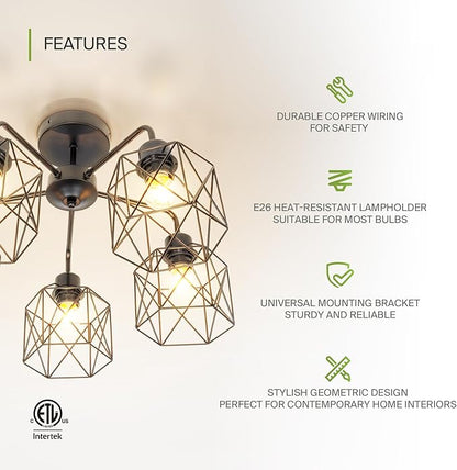 ASD Black Chandelier Semi Flush Mount Ceiling Light Fixture- 5xE26 120V ETL Modern Light Fixtures Ceiling Mount, Semi Flush Mount Chandelier for Entryway, Bedroom, Foyer Lighting Fixtures