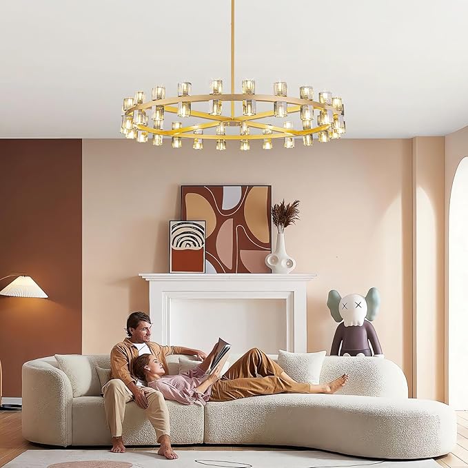 48-Light Large Gold Chandeliers for High Ceilings, 48 Inch Modern Crystal Wagon Wheel Chandelier, Farmhouse Industrial Round Chandelier Pendant Lighting Fixture for Dining Living Room Kitchen Foyer