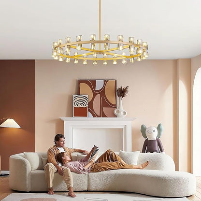 48-Light Large Gold Chandeliers for High Ceilings, 48 Inch Modern Crystal Wagon Wheel Chandelier, Farmhouse Industrial Round Chandelier Pendant Lighting Fixture for Dining Living Room Kitchen Foyer