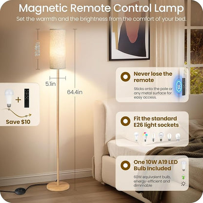 Wooden Textured Pole Lamp, Dimmable Floor Lamps for Living Room with Remote and Foot Switch, 64.4” Standing Tall Lamp, Corner Floor Light for Bedroom, Bulb Included, 3000K-6500K, FCC Listed XE06LD05W1