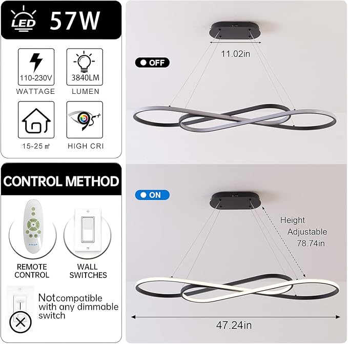 Black Modern Chandelier,Modern Led Pendant Light for Kitchen Island Lighting Dimmable Creative Snake-Shaped Twist Design Modern Led Chandelier for Dining Room Over Table
