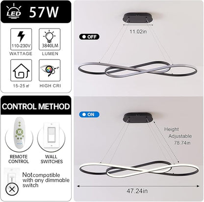 Black Modern Chandelier,Modern Led Pendant Light for Kitchen Island Lighting Dimmable Creative Snake-Shaped Twist Design Modern Led Chandelier for Dining Room Over Table