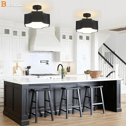 Modern Black 3-Light Ceiling Light Fixture, 12.6'' Metal Industrial Semi Flush Mount Close to Ceiling Light, Farmhouse Light Fixtures Ceiling Mount, Geometry Chandelier for Kitchen, Hallway