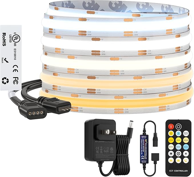 BTF-LIGHTING FCOB COB CCT 3000K-6000K Tunable White LED Strip with RF Remote,UL Listed 24V 16.4FT 640LEDs/m Super Bright Dimmable Tape Light for Bedroom Kitchen Under Cabinet Indoor Decor
