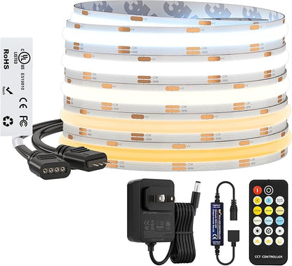 BTF-LIGHTING FCOB COB CCT 3000K-6000K Tunable White LED Strip with RF Remote,UL Listed 24V 16.4FT 640LEDs/m Super Bright Dimmable Tape Light for Bedroom Kitchen Under Cabinet Indoor Decor