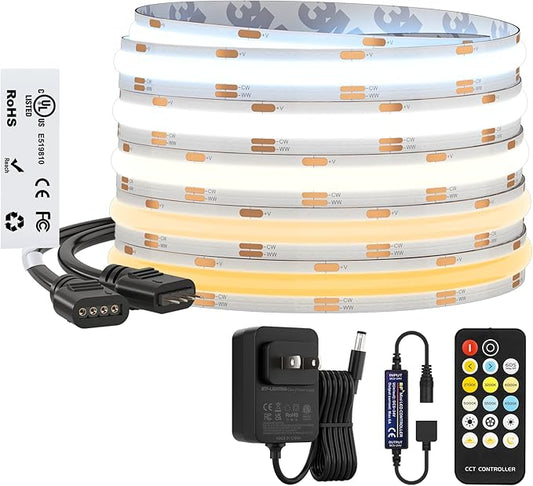 BTF-LIGHTING FCOB COB CCT 3000K-6000K Tunable White LED Strip with RF Remote,UL Listed 24V 16.4FT 640LEDs/m Super Bright Dimmable Tape Light for Bedroom Kitchen Under Cabinet Indoor Decor