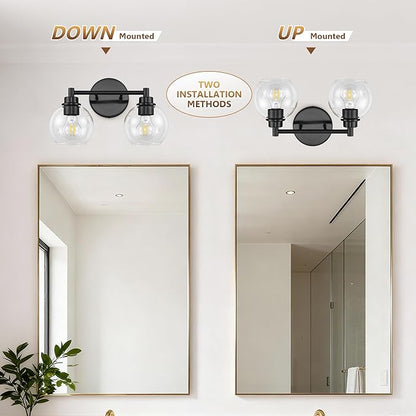 Black Bathroom Vanity Lights, 2-Light Wall Sconce with Glass Globe Shade, Vanity Lighting for Bathroom/Bedroom/Dressing Room, Vertical/Horizontal Mounted, E26 Bulb Base (Bulb Not Included)